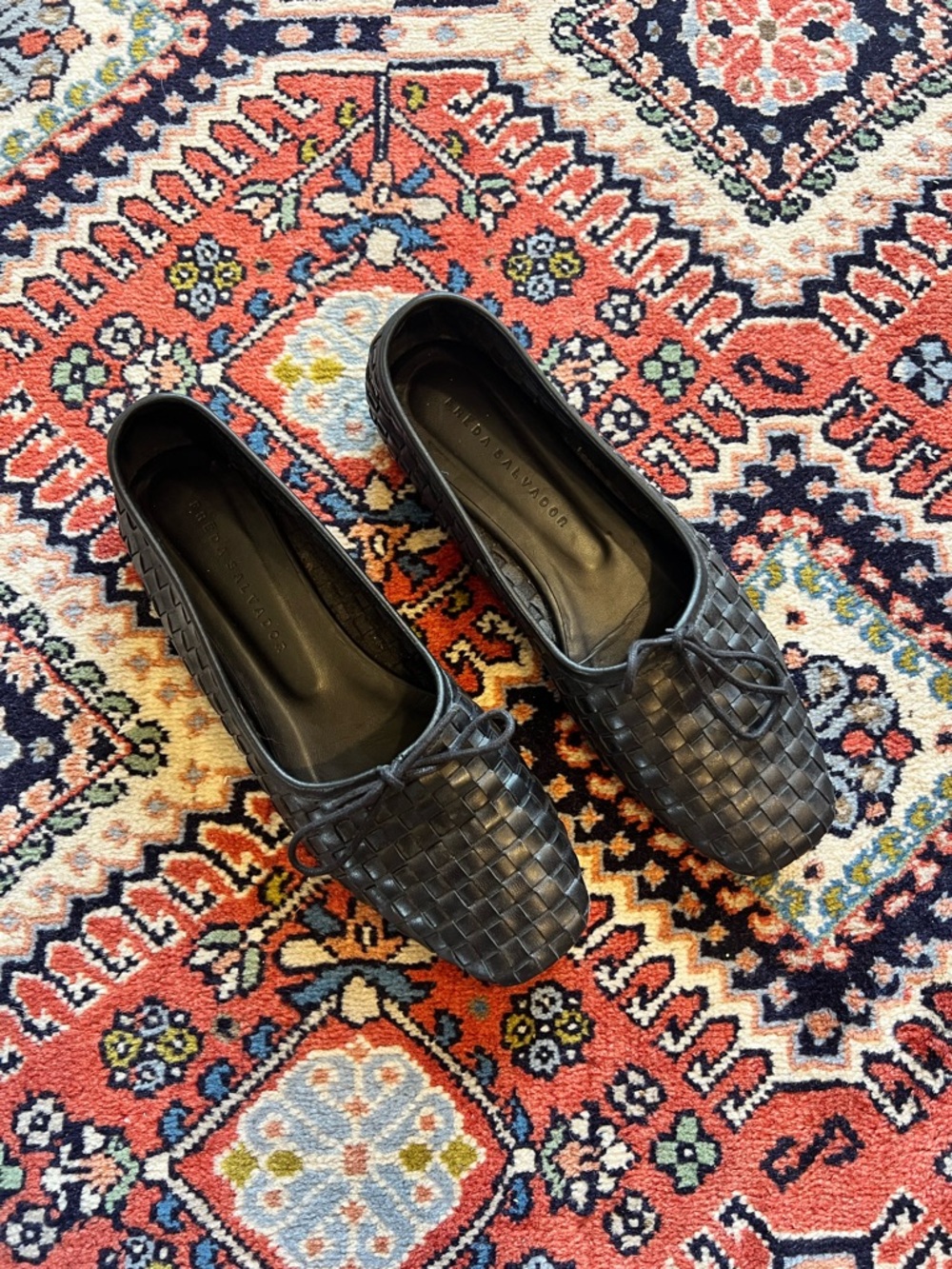 Freda Salvador Jada Square Toe Black Woven Leather Ballet Flats